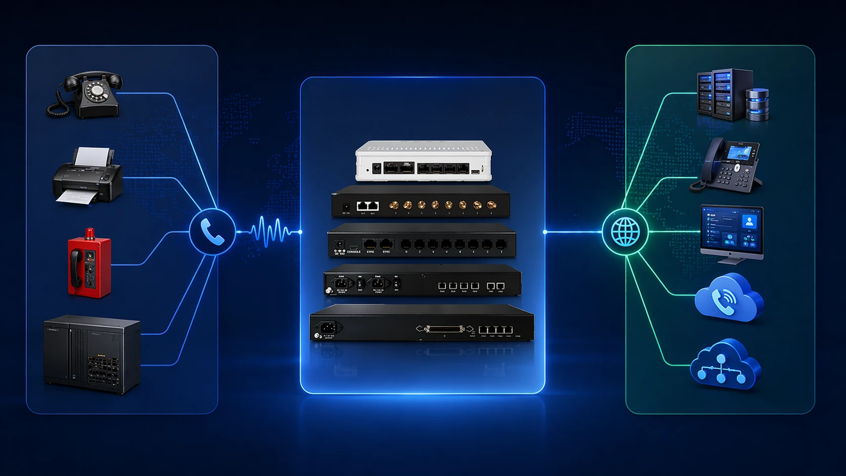 VoIP gateway network architecture showing analog endpoints, PSTN or PBX trunks, gateway processing layer, SIP server, and IP network