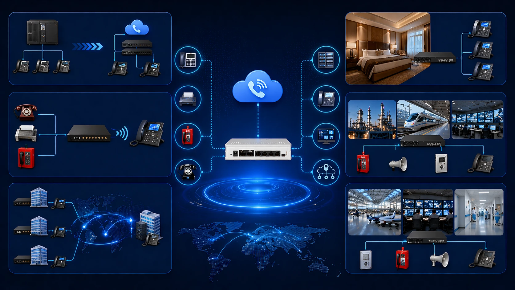 VoIP gateway applications in enterprise PBX migration, branch office telephony, analog emergency phones, and industrial communication systems