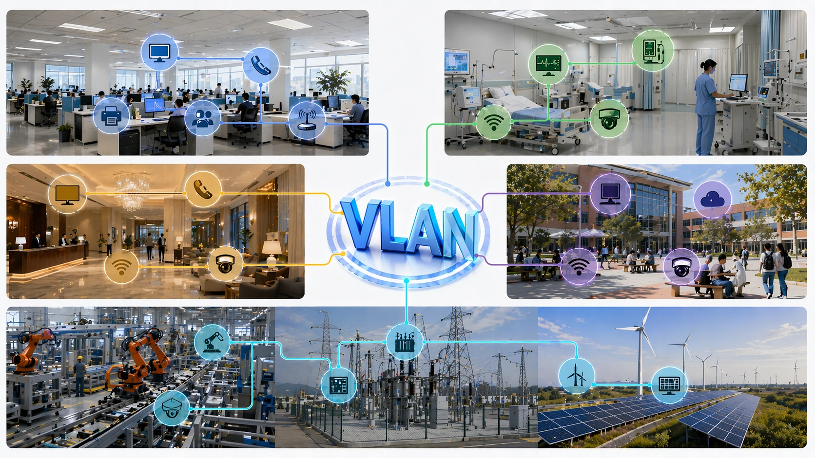 VLAN segmentation used in enterprise offices, campus Wi-Fi, hospitals, surveillance systems, and industrial control networks