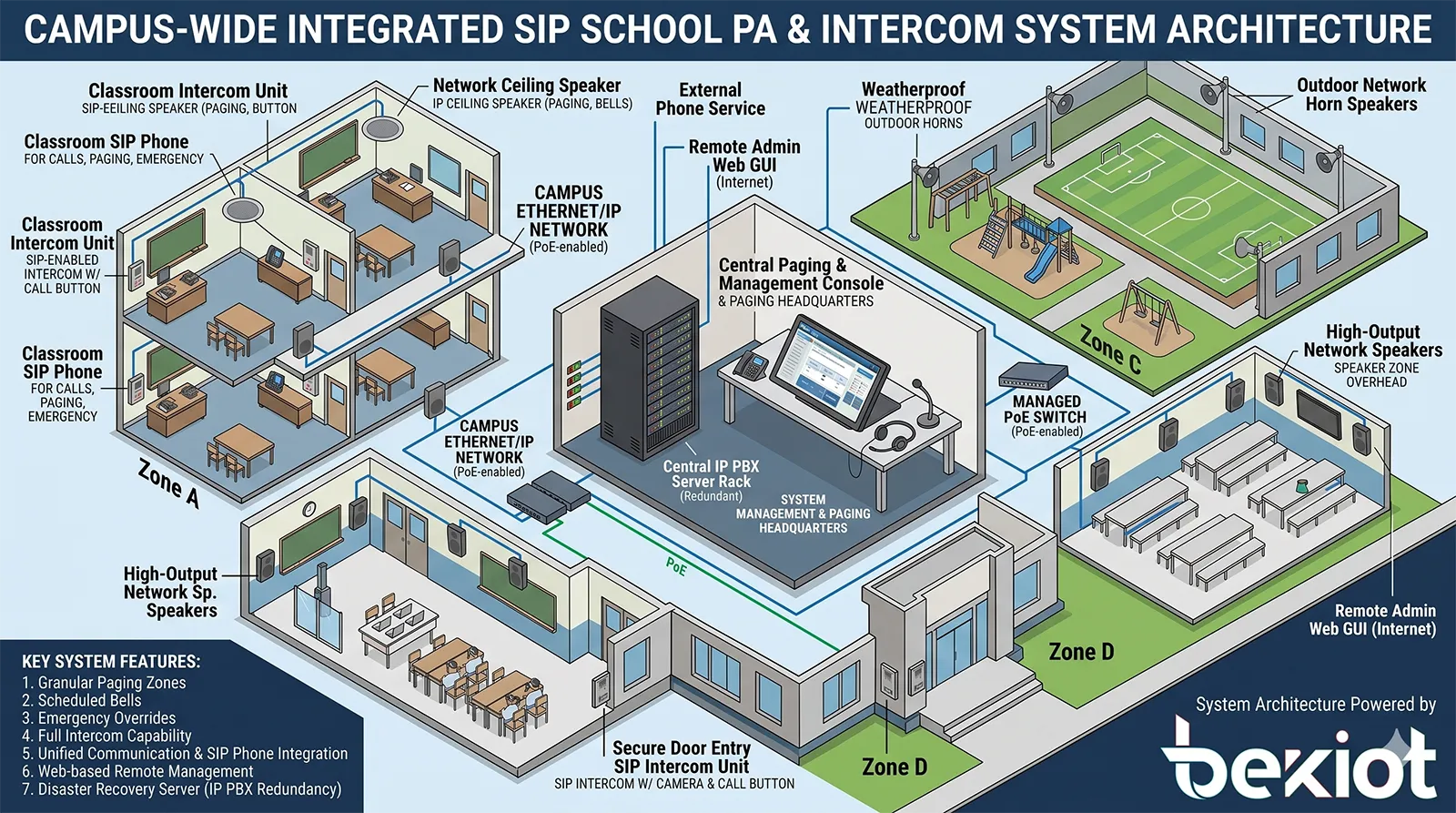 SIP-enabled school PA system integrating IP PBX, SIP phones, paging consoles, intercoms, and network speakers across a campus