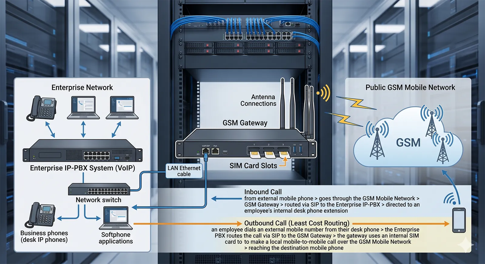 Gateway GSM conectando um sistema telefônico empresarial à rede móvel GSM em um ambiente corporativo de voz
