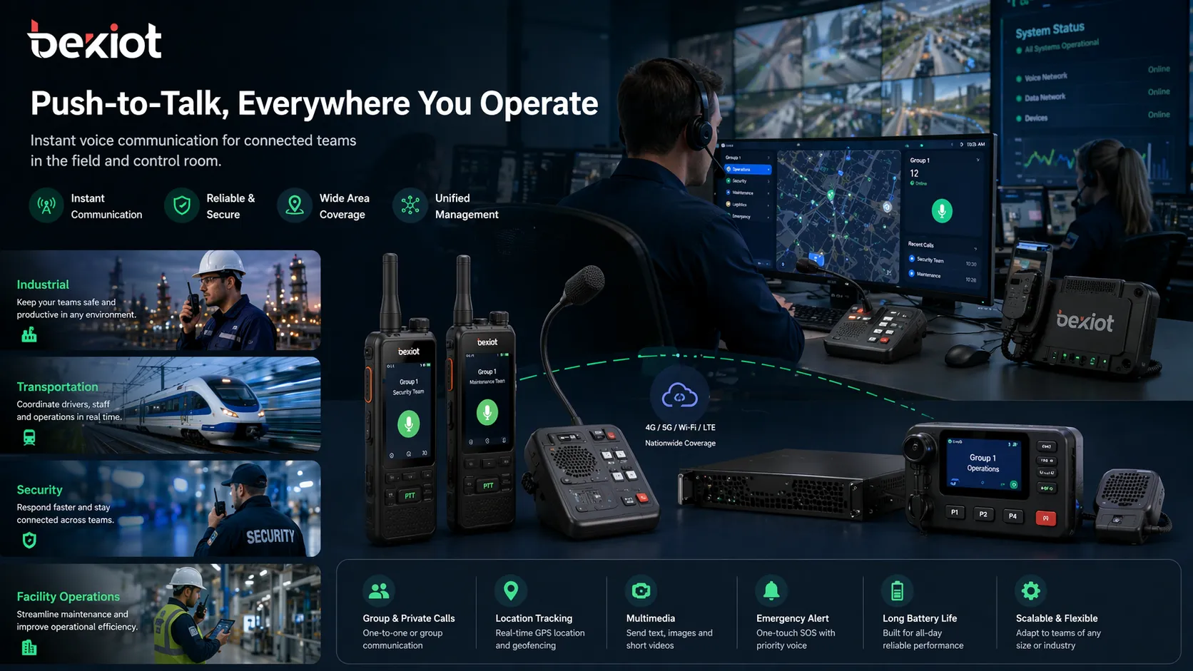 Push-to-Talk utilizado en operaciones industriales, transporte, seguridad y gestión de instalaciones con equipos de campo y personal de despacho conectados