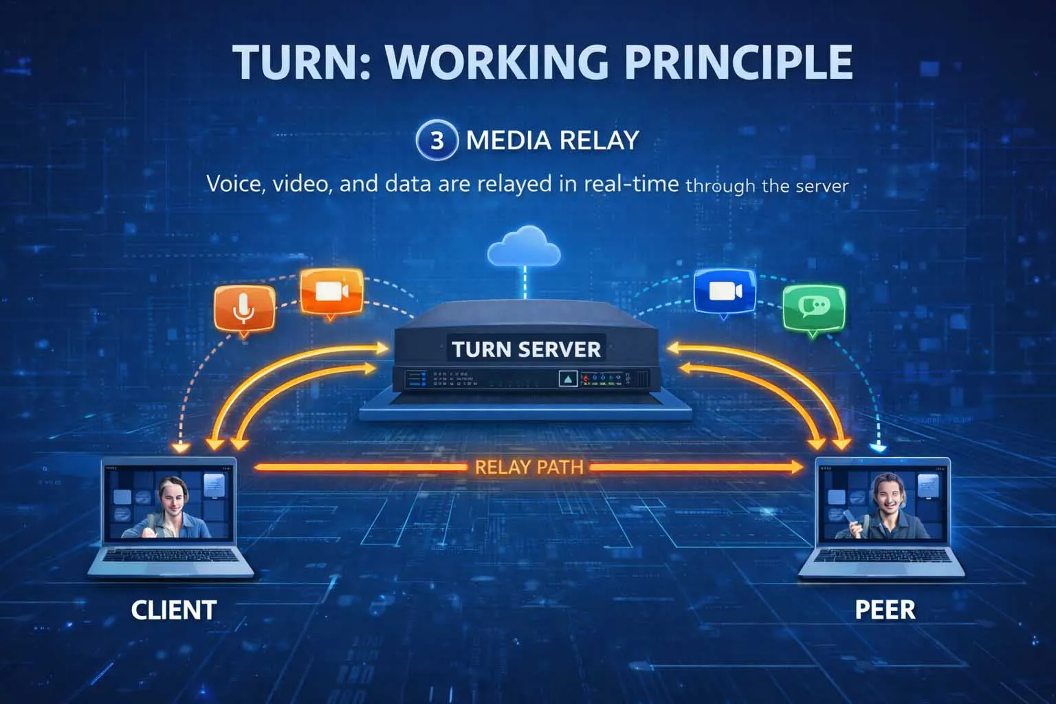 Sesiones de voz, vídeo y datos en tiempo real retransmitidas por servidor TURN en distintos escenarios de aplicación