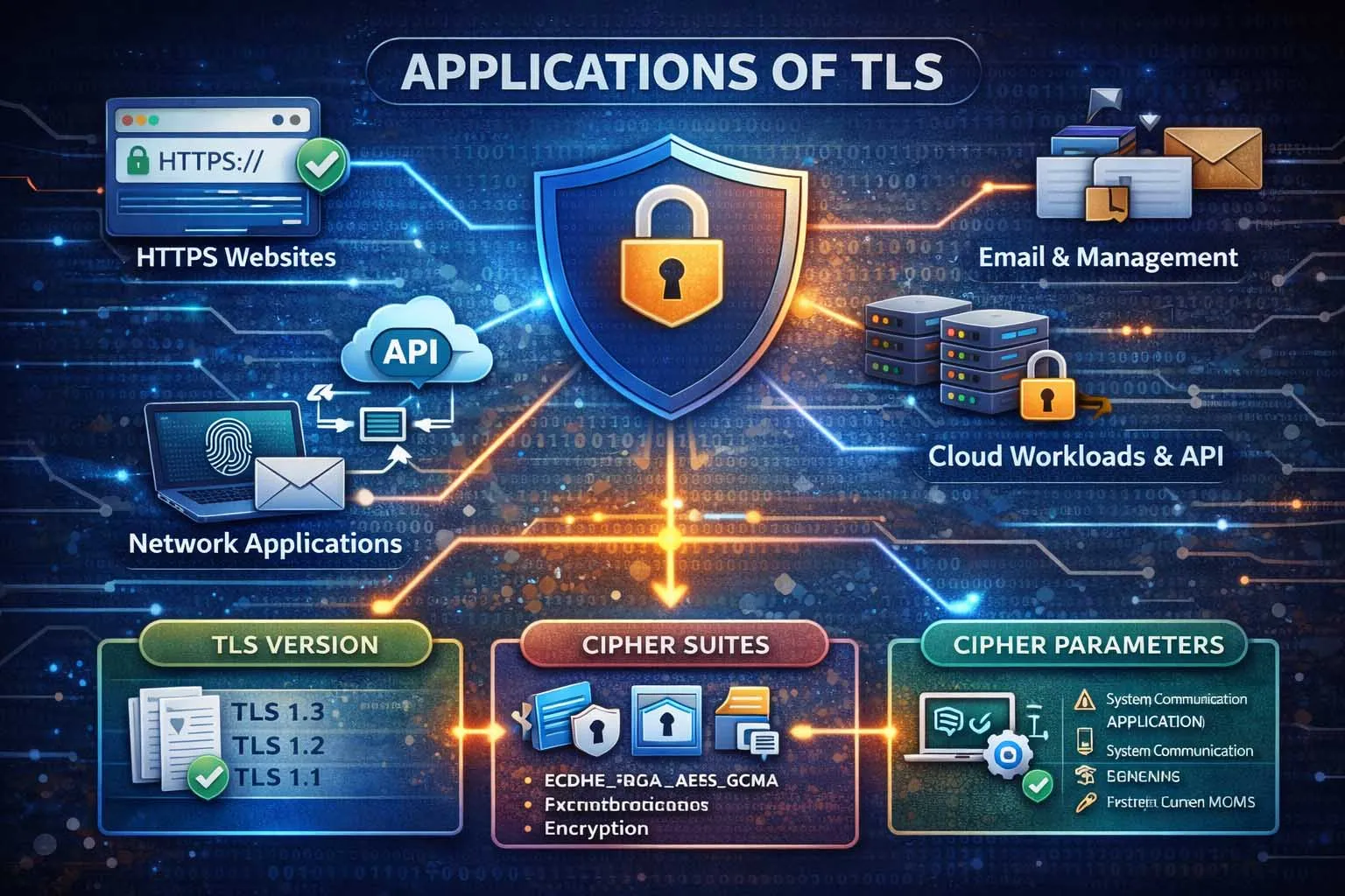 Aplicaciones de TLS en sitios web HTTPS, APIs, servicios de correo, cargas de trabajo en la nube, interfaces de gestión remota y comunicaciones máquina a máquina.