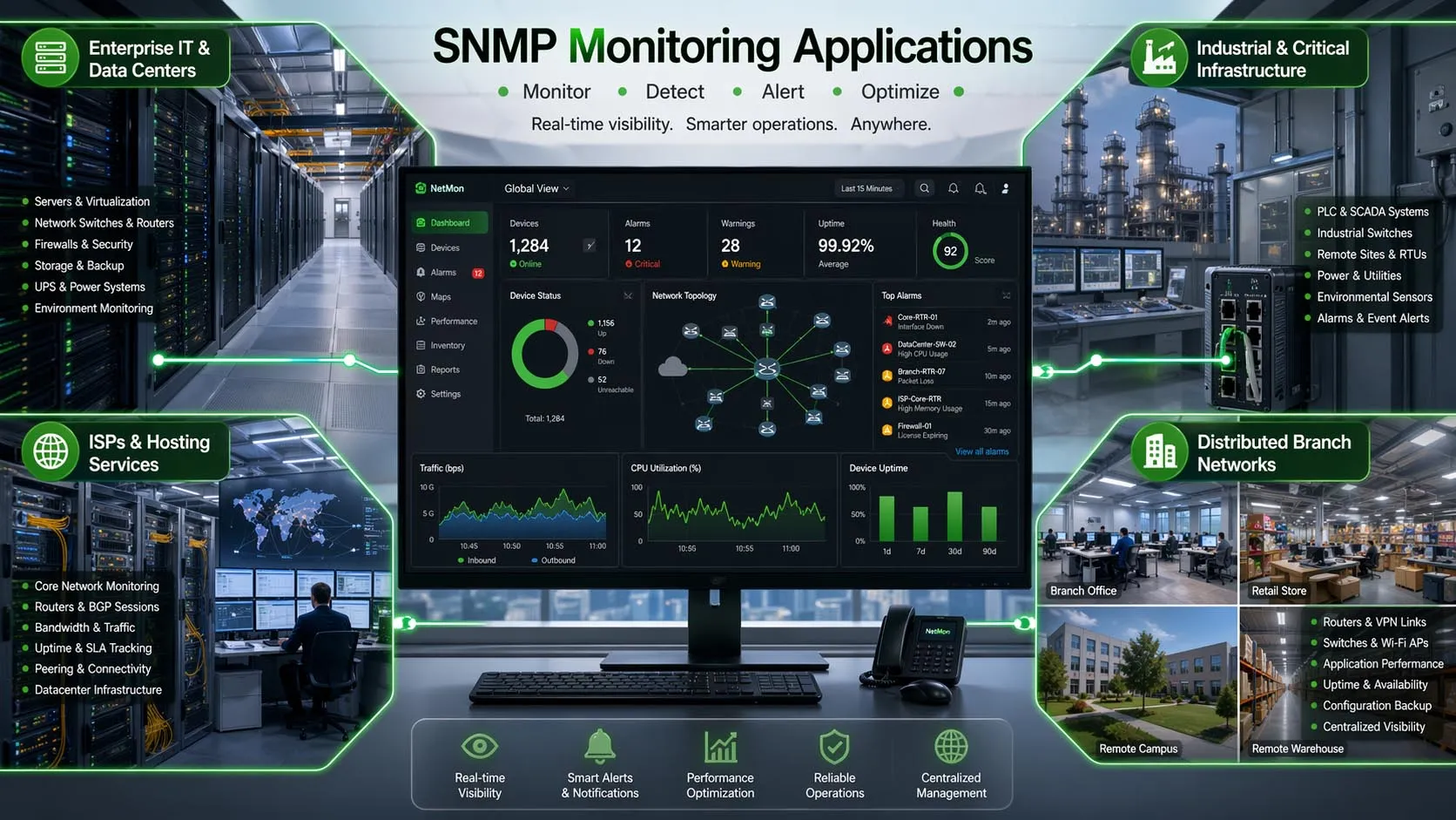 Monitorización SNMP utilizada en redes empresariales, instalaciones industriales, sucursales y sitios de infraestructura crítica