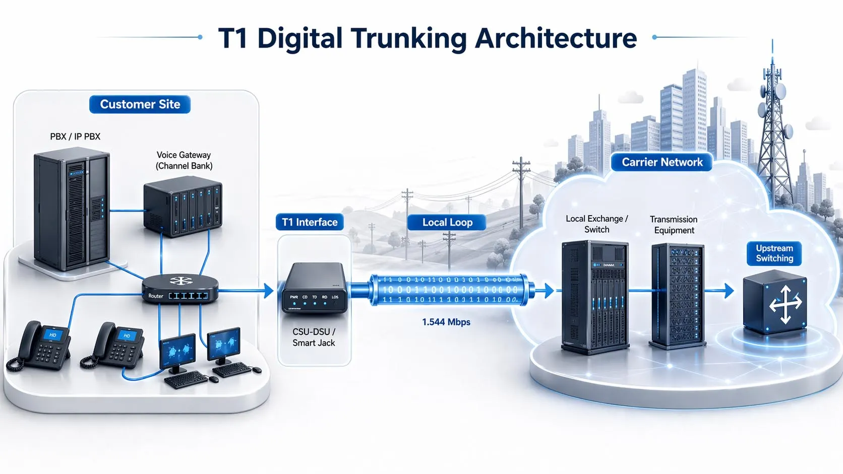 Arquitectura de red de enlace digital T1 que muestra PBX o enrutador, CSU DSU, bucle local, central de operador y red pública