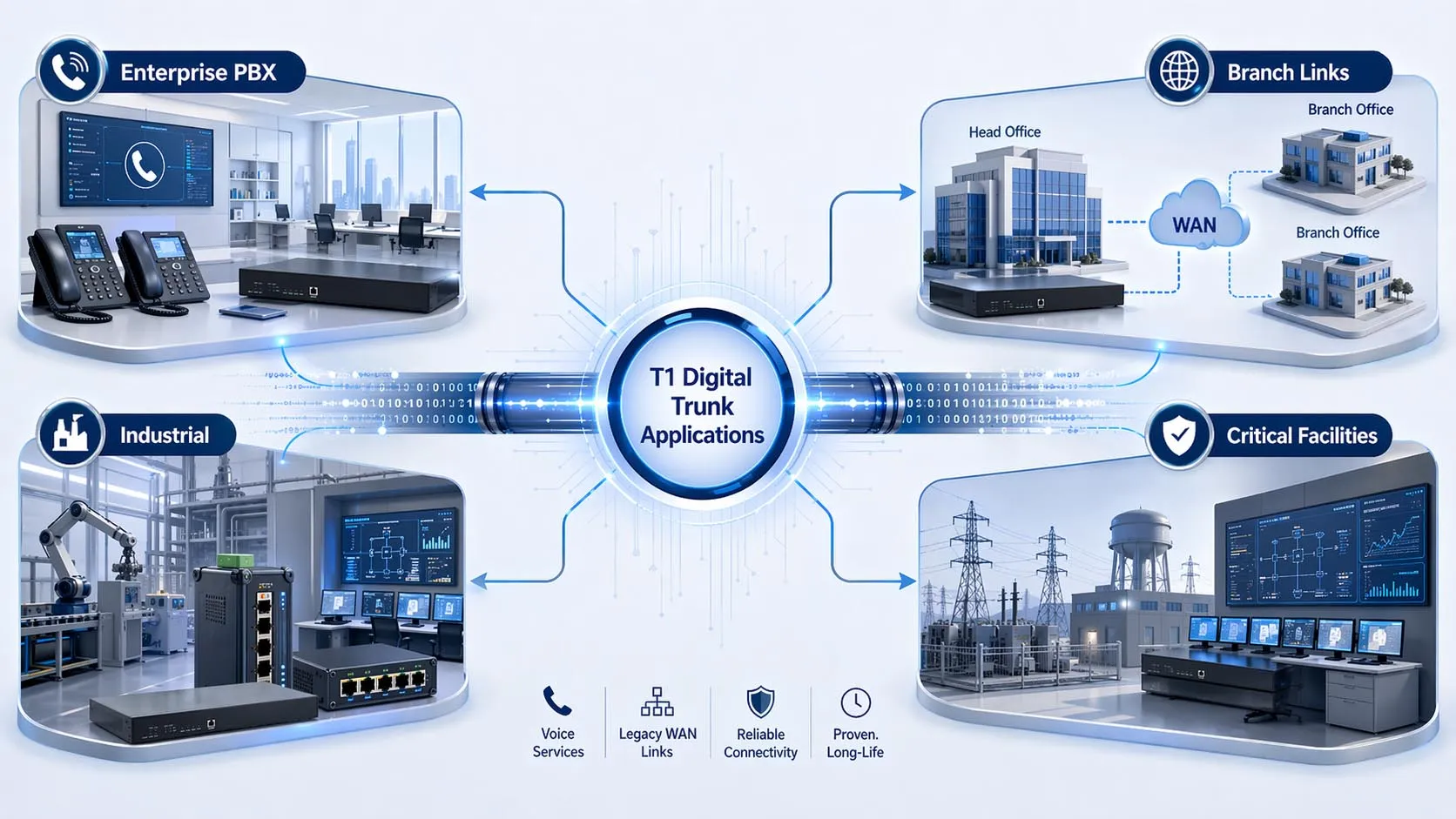 Enlace digital T1 utilizado en sistemas PBX empresariales, conectividad de sucursales y comunicaciones críticas industriales o de servicios públicos