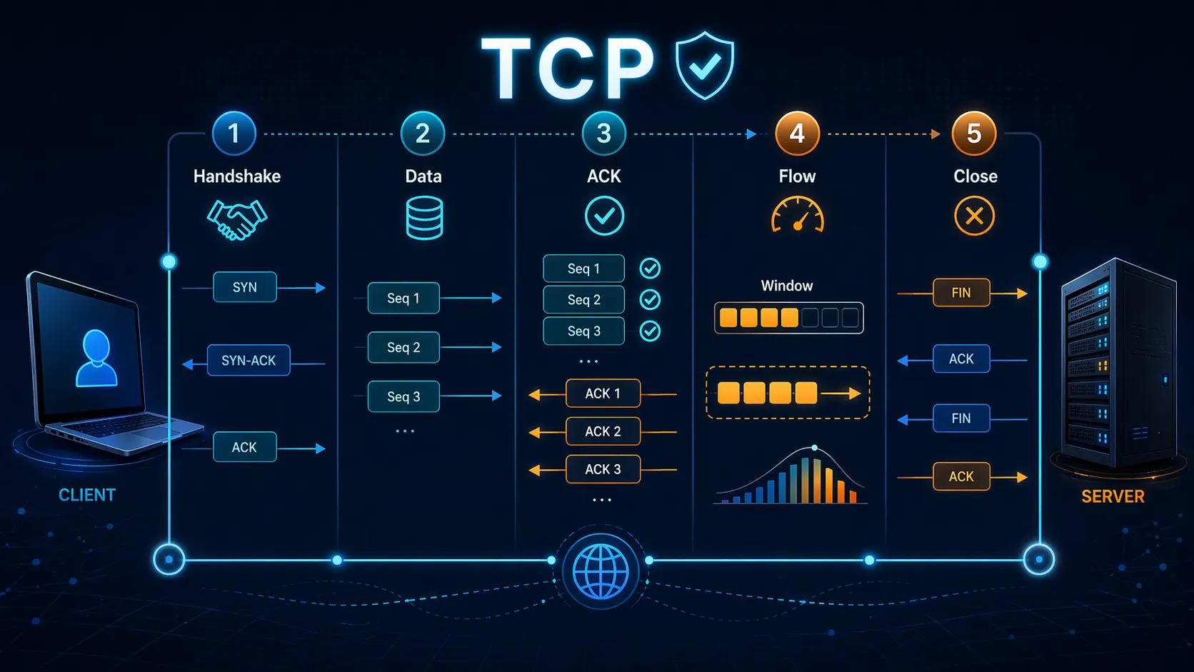 Ilustración del handshake TCP seguido de la entrega ordenada de segmentos y el intercambio de confirmaciones