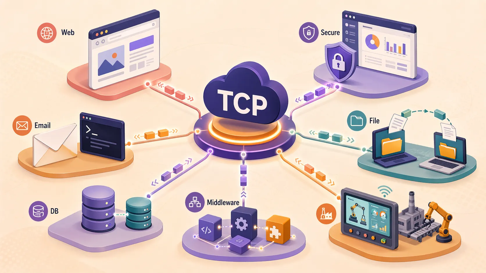 Aplicaciones empresariales e industriales que usan el TCP para acceso web, transferencia de archivos, bases de datos y comunicación de servidores