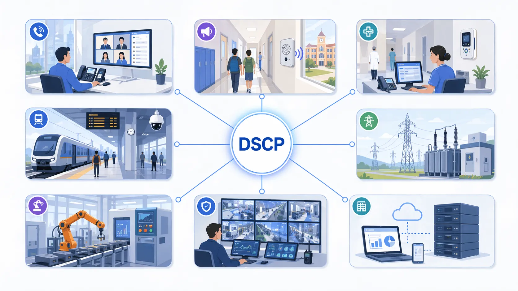 DSCP soportando QoS para voz industrial, megafonía, monitorización y tráfico de red operativo