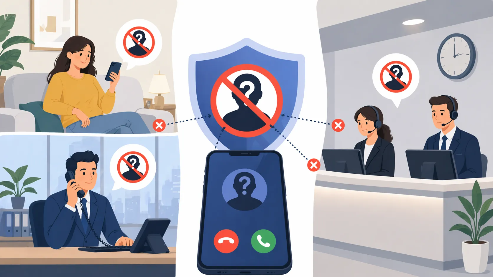 Teléfonos de oficina usando el Rechazo de Llamadas Anónimas para evitar interrupciones por números privados