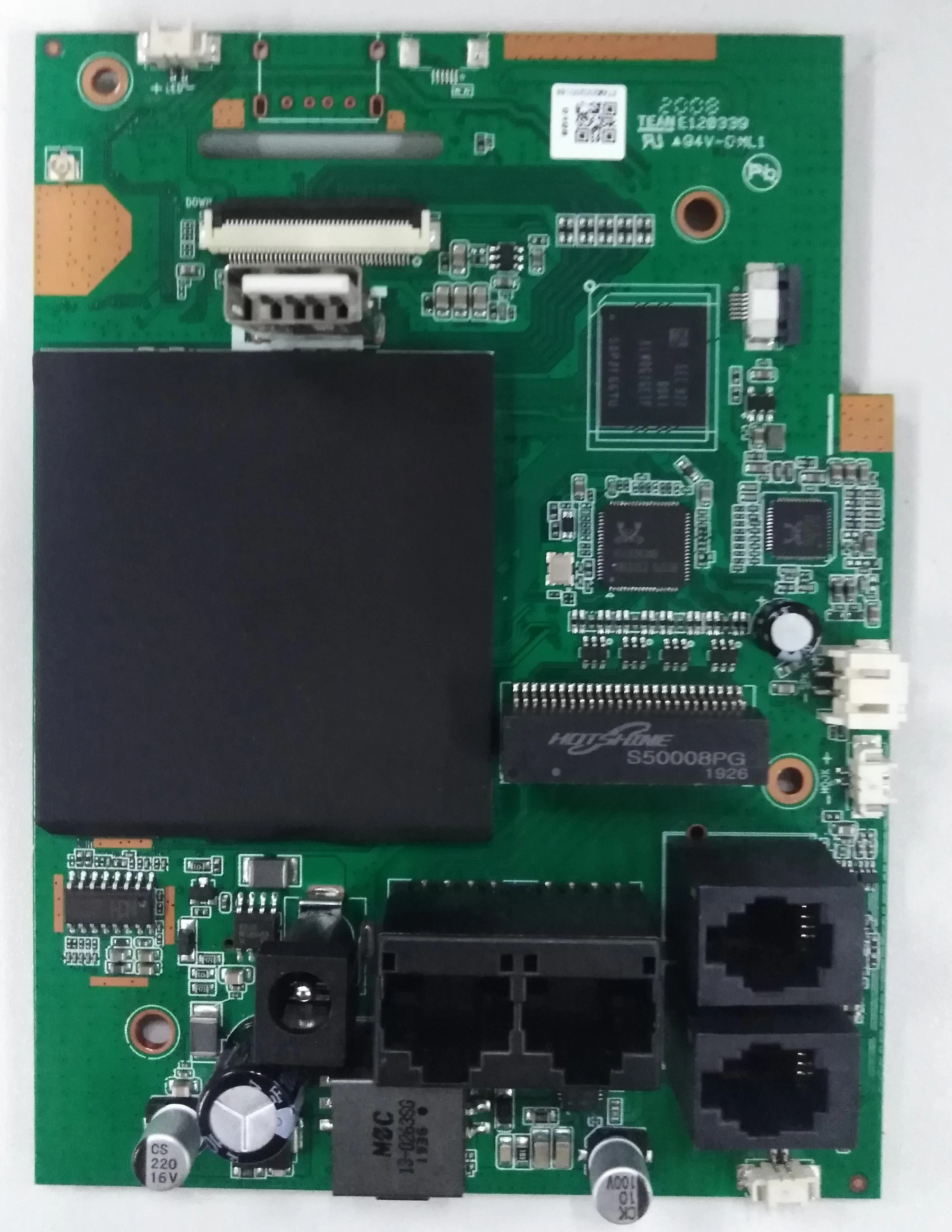 Aspecto de la placa base SIP Android VOIP BMX7A con puertos Ethernet dobles, entrada de alimentación y múltiples conectores de expansión