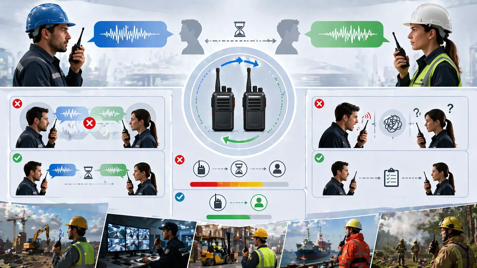 Comunicación semidúplex utilizada en operaciones de campo donde los usuarios transmiten uno a la vez a través de un canal compartido
