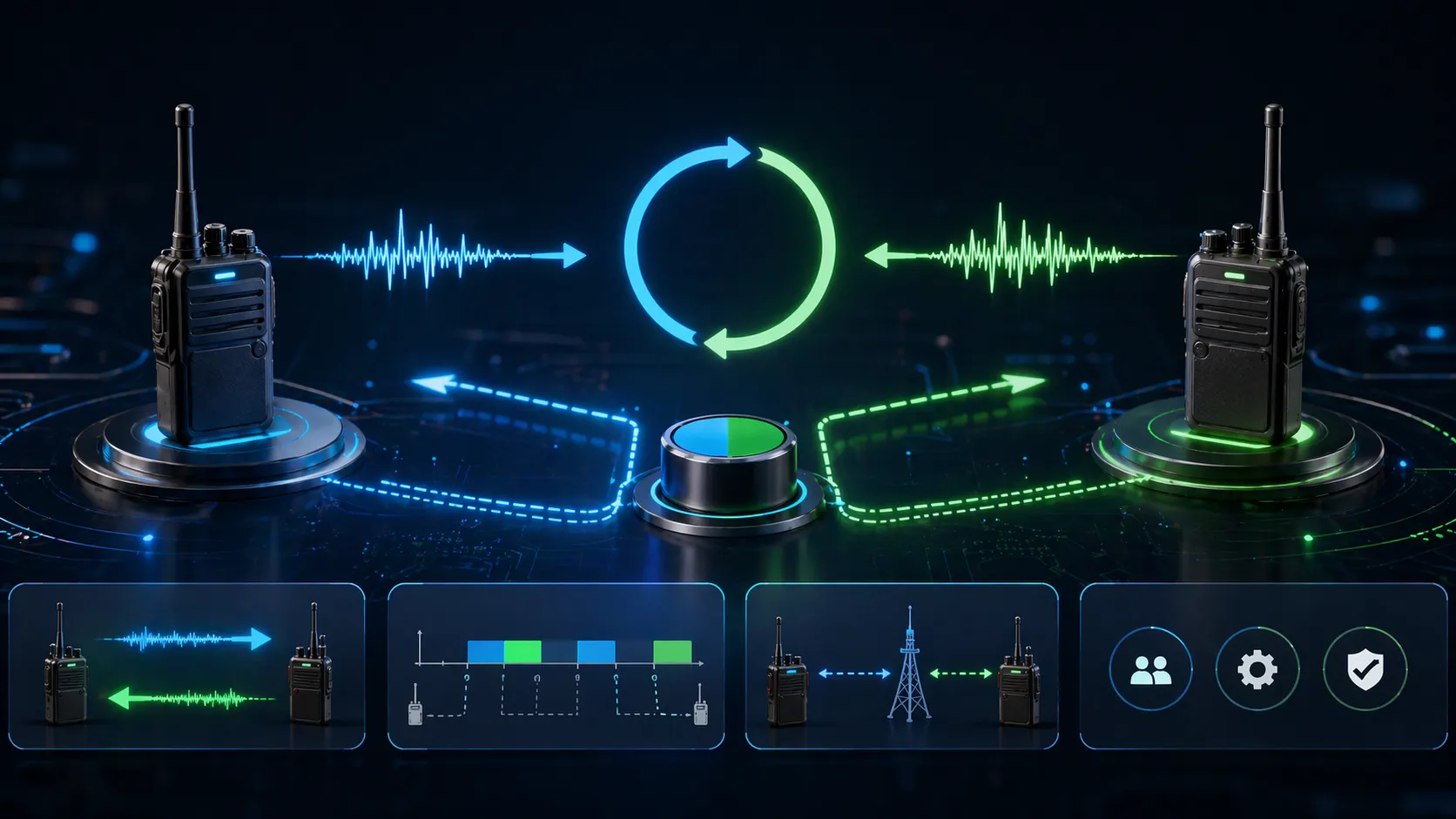 Concepto de cambio de modo dúplex con transición entre dúplex completo, dúplex semi y estados de emisión y recepción