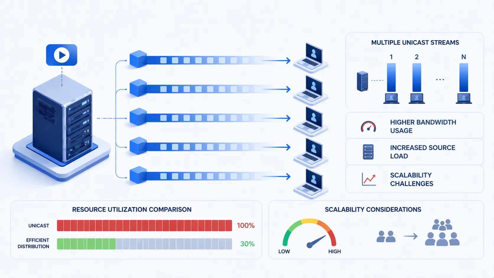 Ejemplo de escalado unicast en el que una fuente envía múltiples flujos separados a muchos receptores