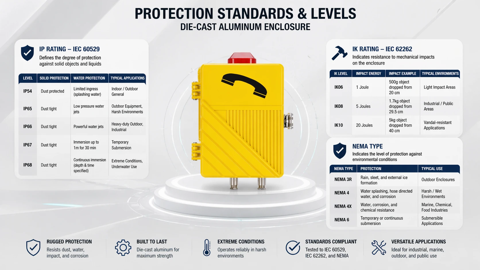 Carcasa de aluminio fundido a presión con énfasis en protección IP, resistencia a impactos IK y consideraciones de tipos NEMA