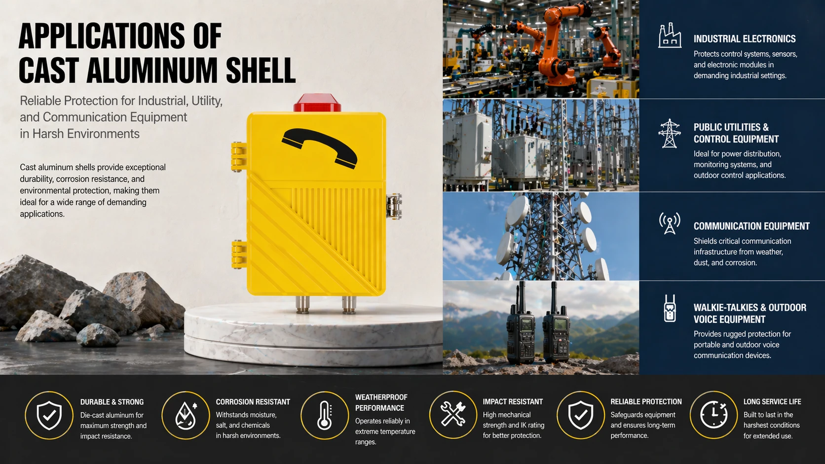 Carcasas de aluminio fundido a presión usadas en electrónica industrial, intercomunicadores exteriores y equipos de comunicaciones para entornos hostiles