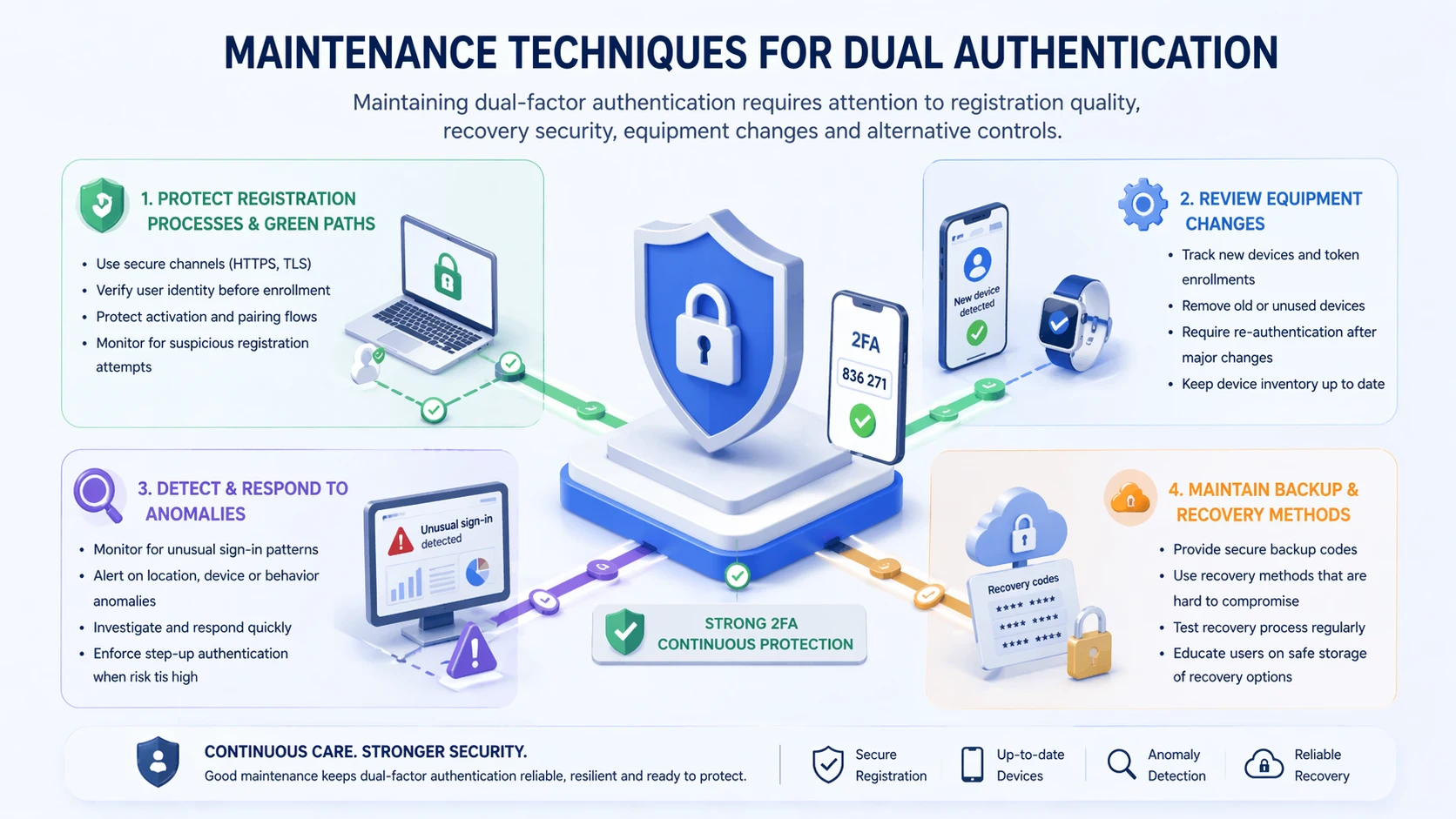 Proceso de mantenimiento de la autenticación de dos factores que cubre el registro, la recuperación, los dispositivos de confianza y la revisión de políticas