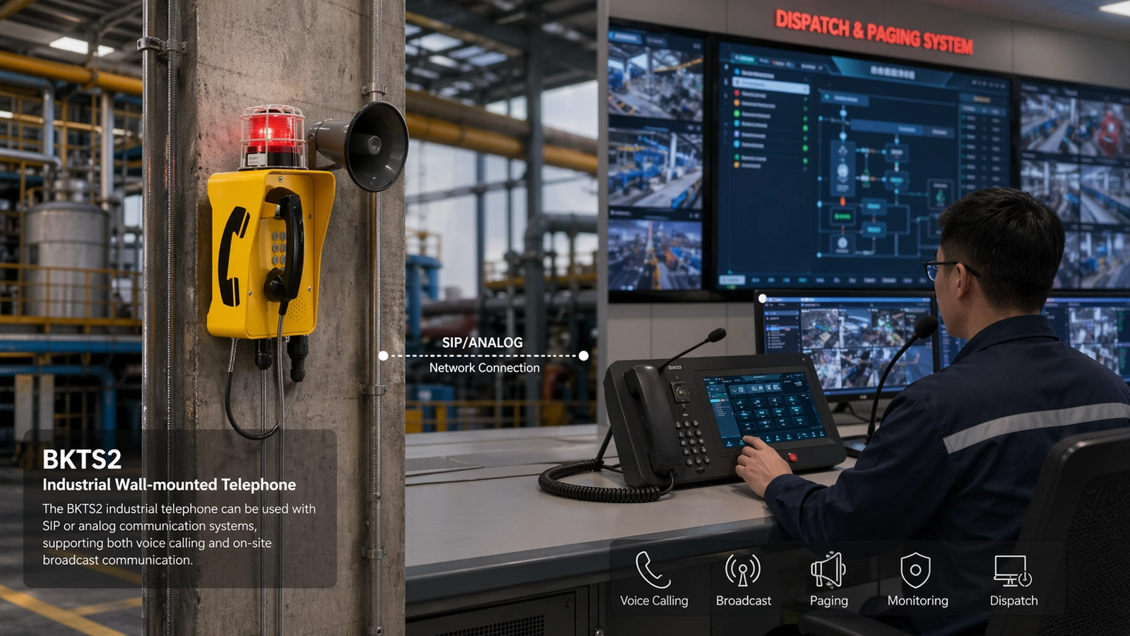 Teléfono industrial mural SIP o analógico BKTS2 conectado a sistemas de despacho y megafonía