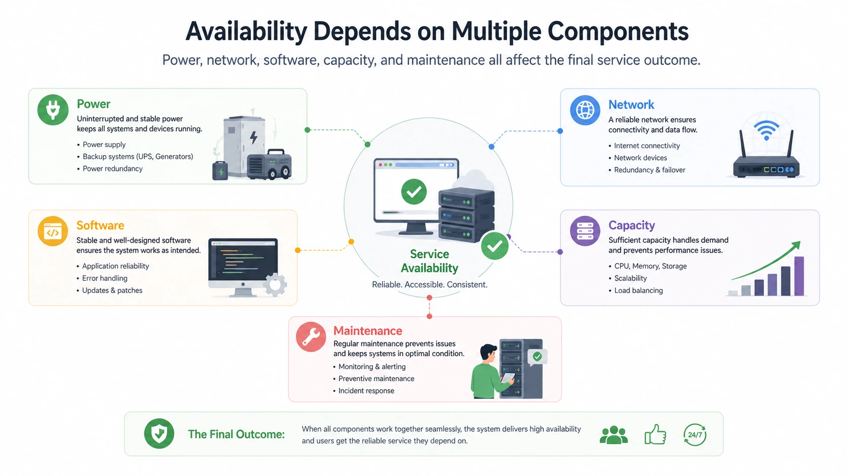 Factores de disponibilidad que incluyen resiliencia energética, continuidad de red, estabilidad del software y planificación de capacidad