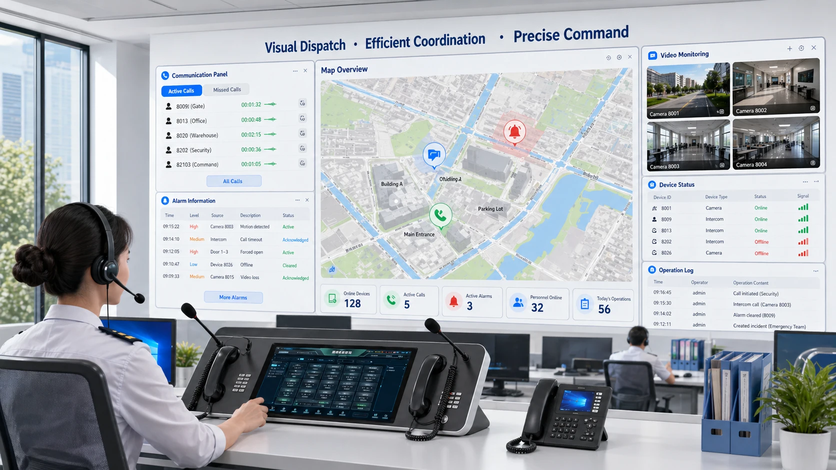 Sistema de despacho visual con control basado en mapas, video en vivo, paneles de comunicación SIP y ventanas de alarma