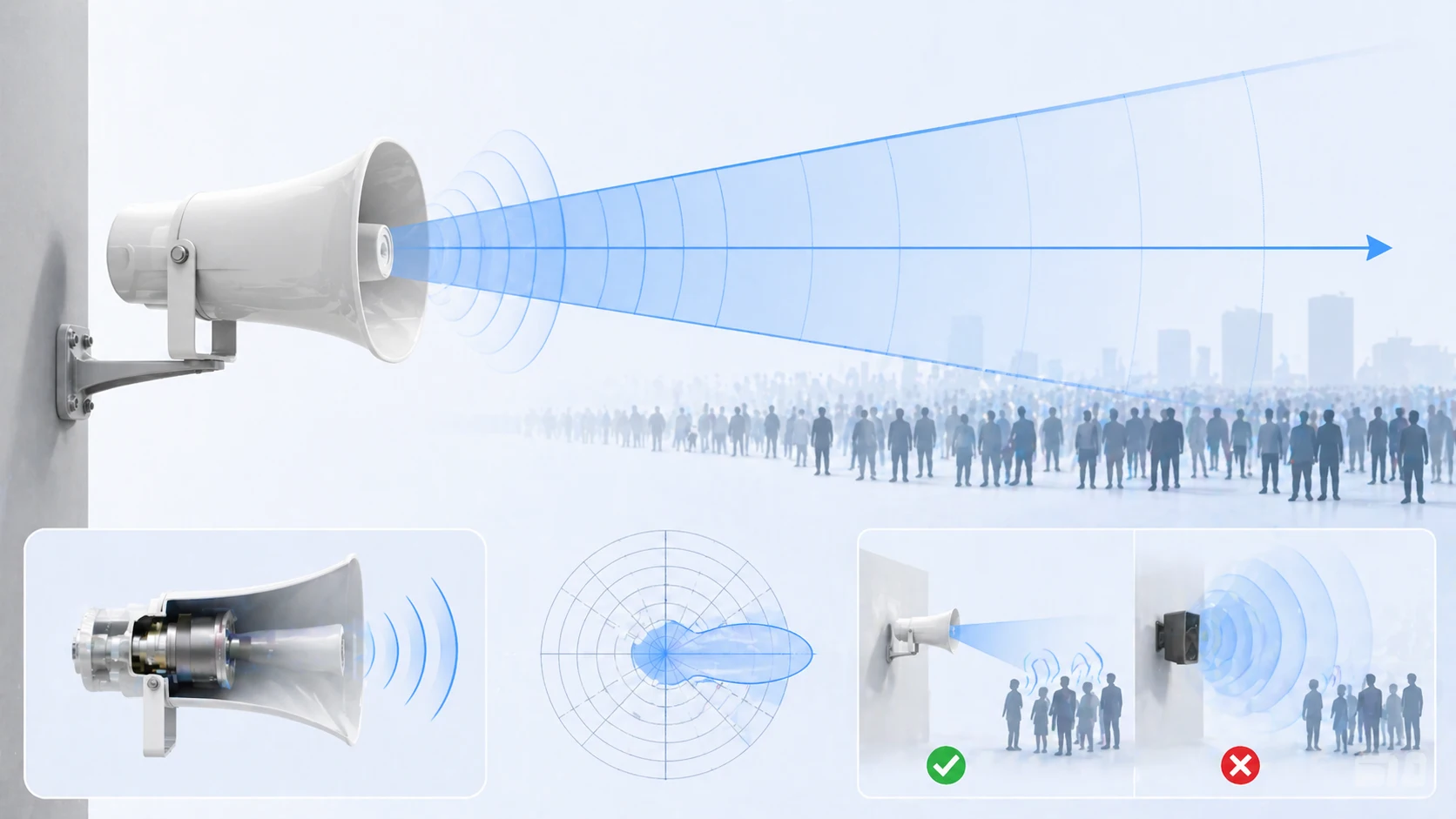 Altavoz de bocina mostrando proyección de sonido direccional y cobertura de voz de alta eficiencia en un sitio exterior
