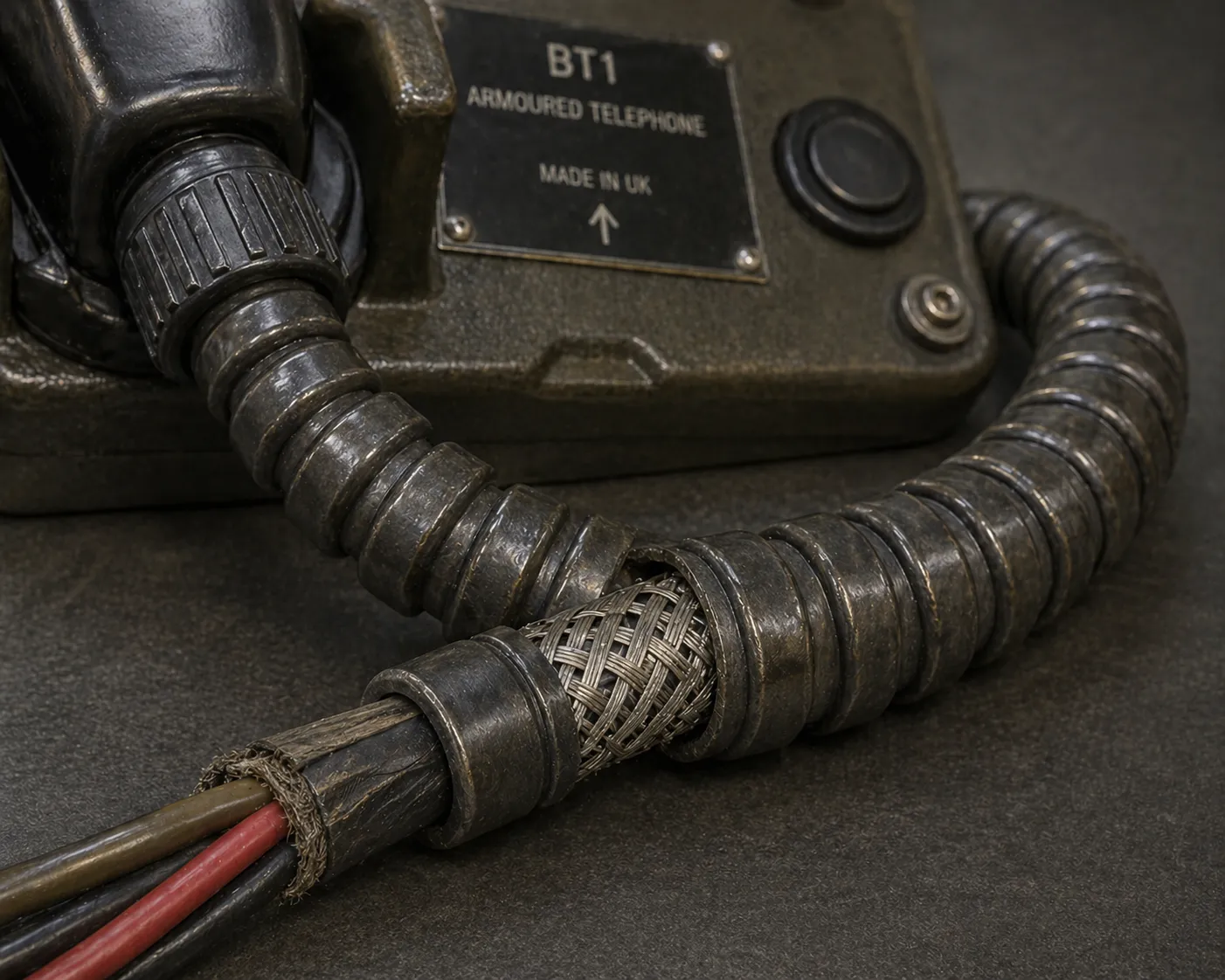 Close-up of BT1 armoured telephone handset cord showing reinforced spiral hose and rugged cable structure