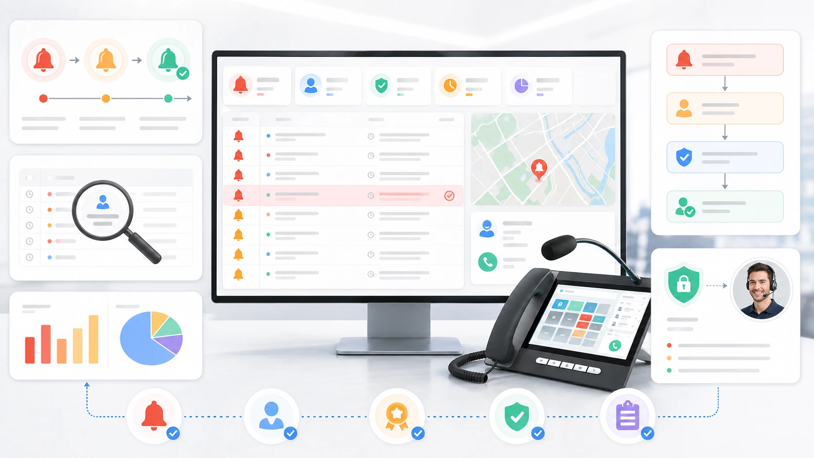 Características del reconocimiento de alarmas que muestran estados visibles de alarma, trazabilidad del operador y herramientas de flujo de trabajo de respuesta
