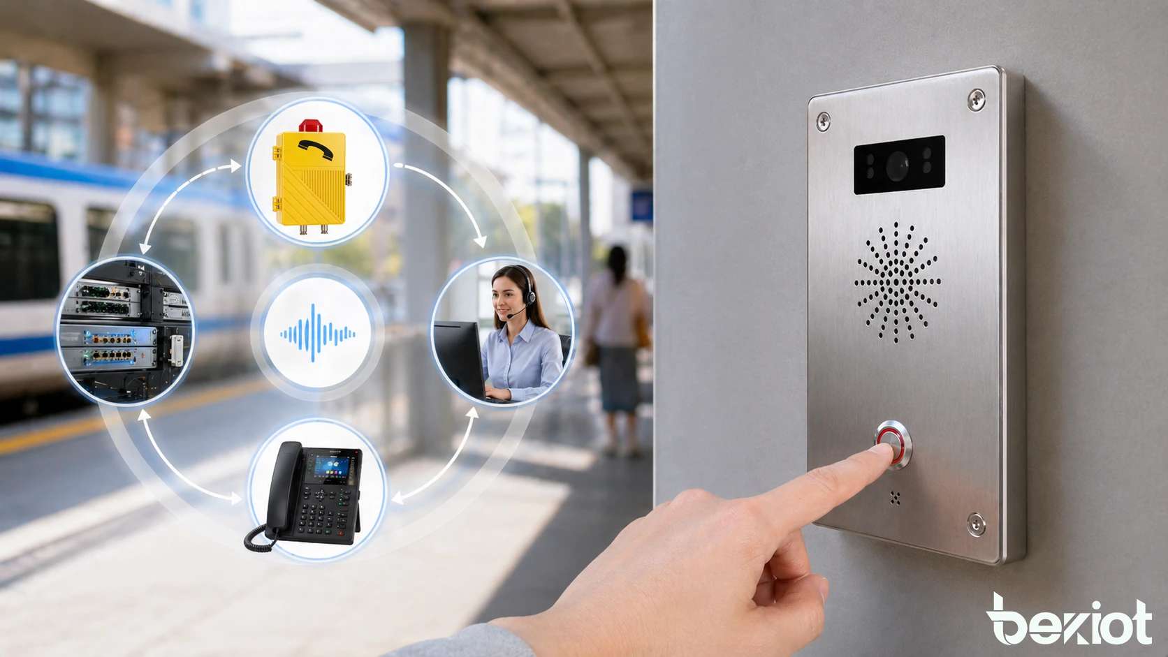 Terminal de comunicación industrial o público con un botón de llamada prominente, indicación de identidad clara y vinculación con la sala de control