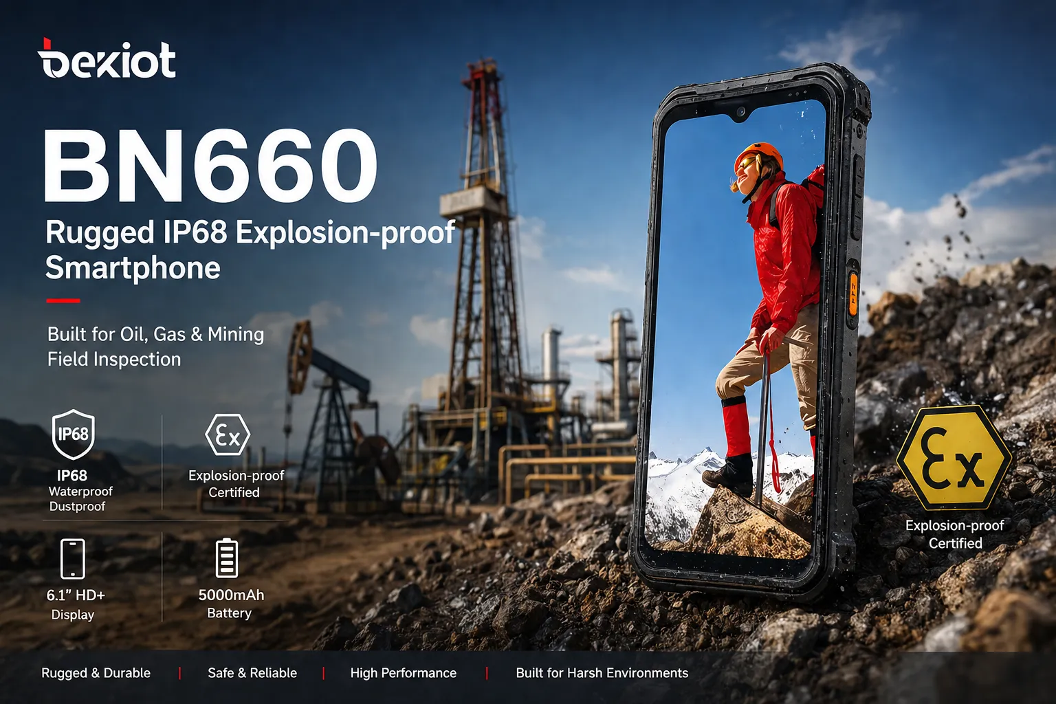 N660 rugged IP68 explosion-proof smartphone used in oil gas and mining field inspection