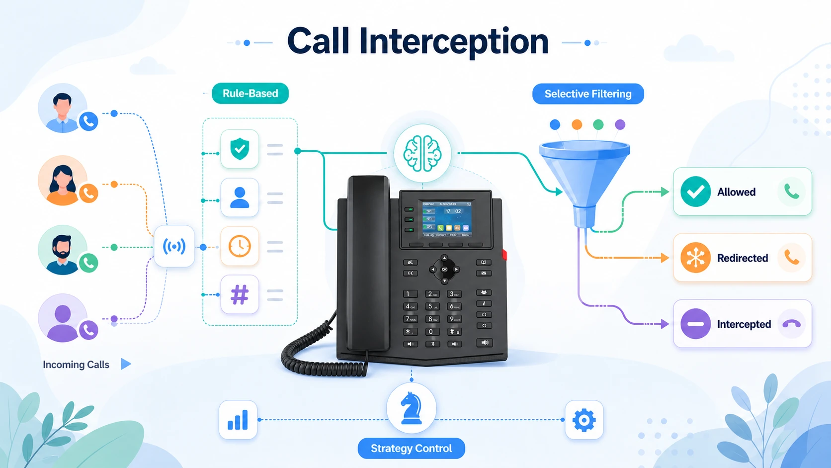 Características del bloqueo de llamadas mostradas mediante reglas de política, filtrado selectivo de números y lógica de control de acceso telefónico