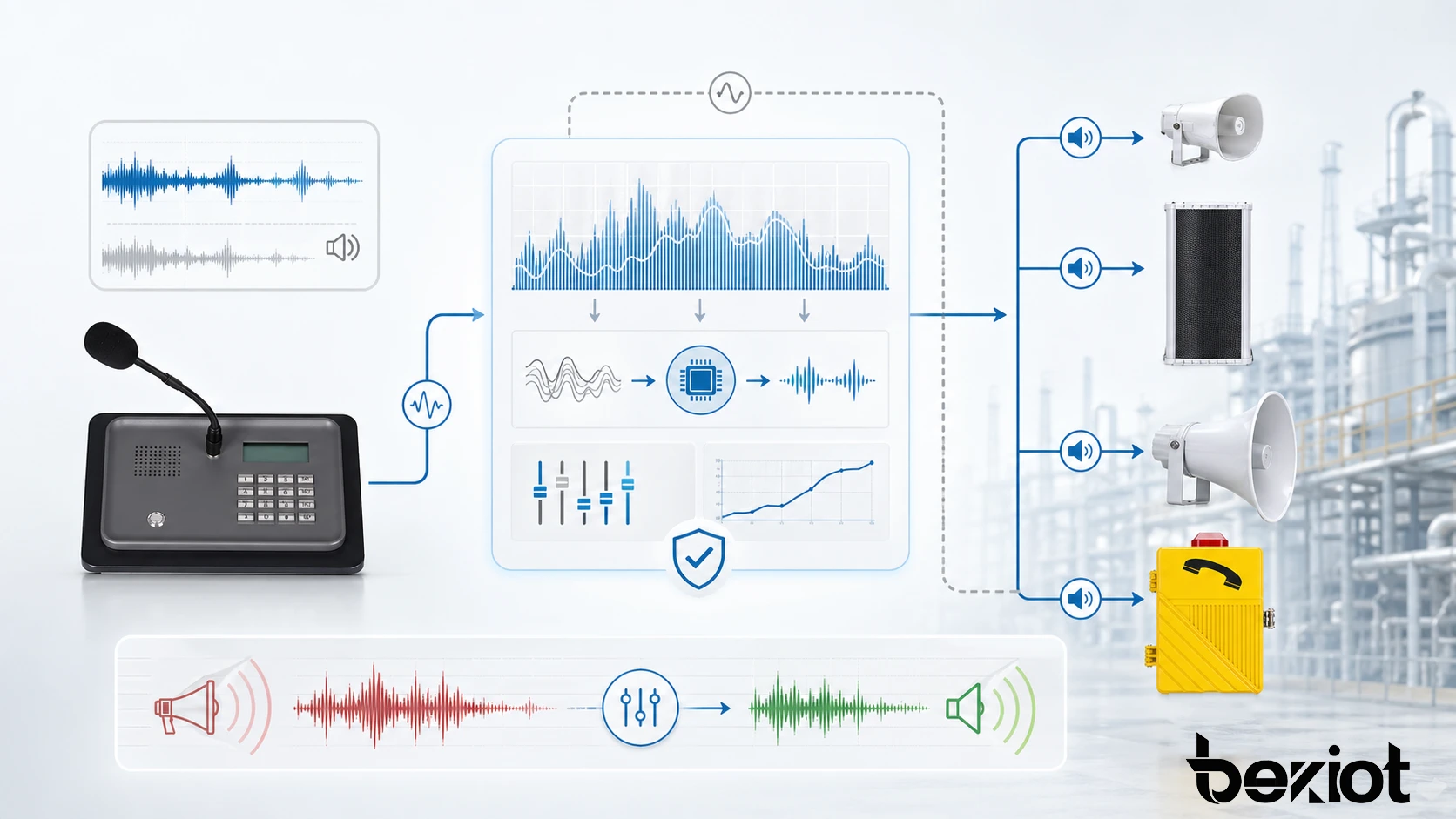 Características de la supresión de acople con detección automática de retroalimentación, filtrado adaptativo, control de ganancia y preservación de voz clara