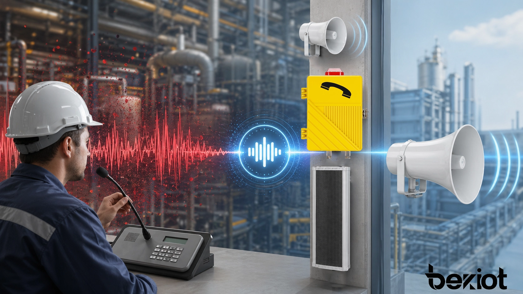 Concepto de reducción de ruido NR mostrando la reducción del ruido de fondo mientras se conserva una voz clara en un sistema de comunicación empresarial e industrial