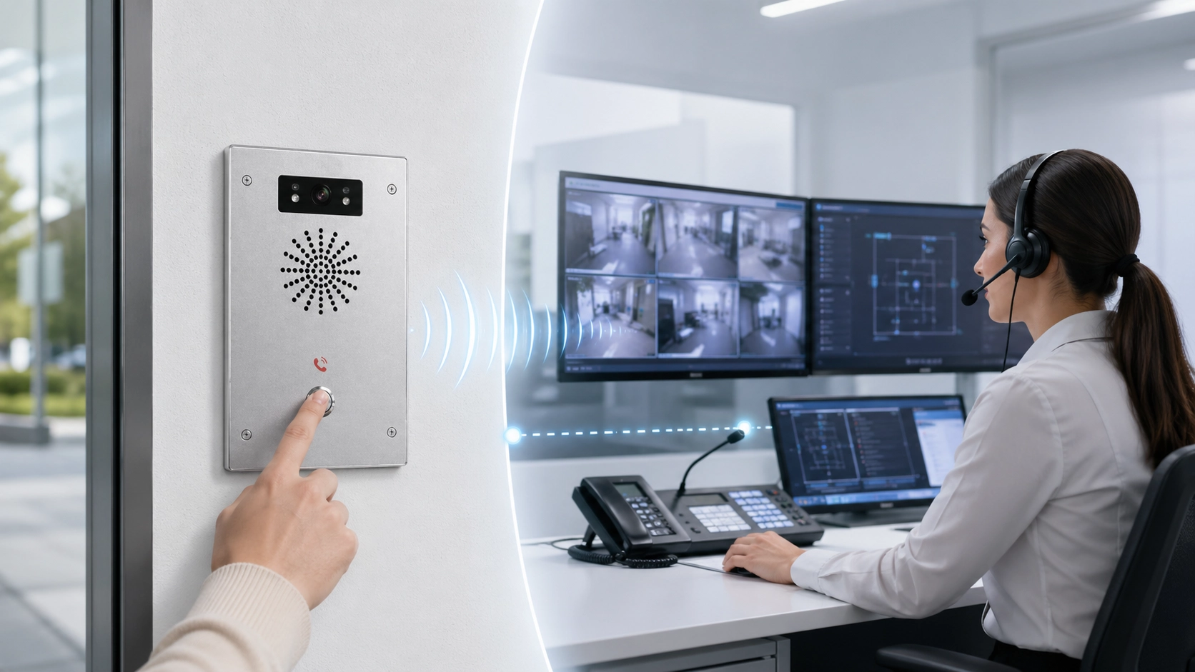 Concepto de comunicación Talkback con un operador de sala de control respondiendo a un usuario de intercomunicación de campo mediante un sistema de voz bidireccional