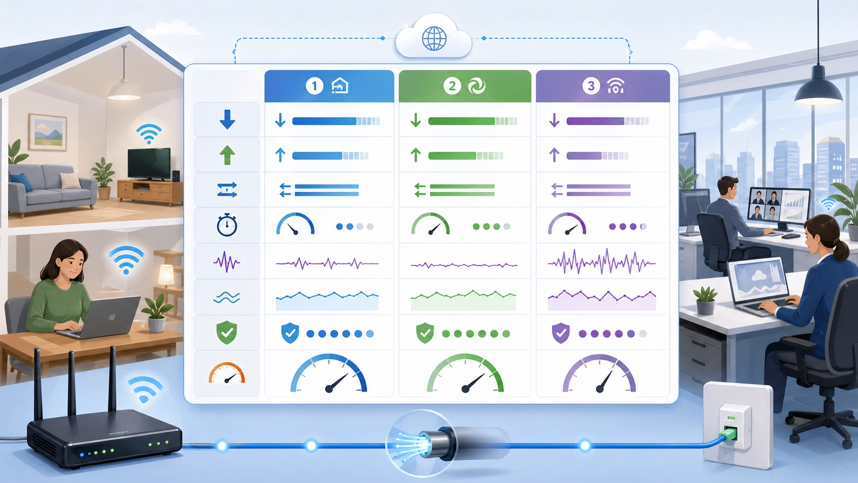 Comparación de proveedores de banda ancha fija que muestra métricas de velocidad de descarga, velocidad de subida, latencia, consistencia y fiabilidad de la red