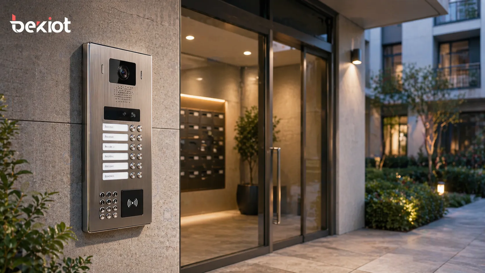 Intercomunicador de pared en la entrada de un edificio de apartamentos con varios inquilinos