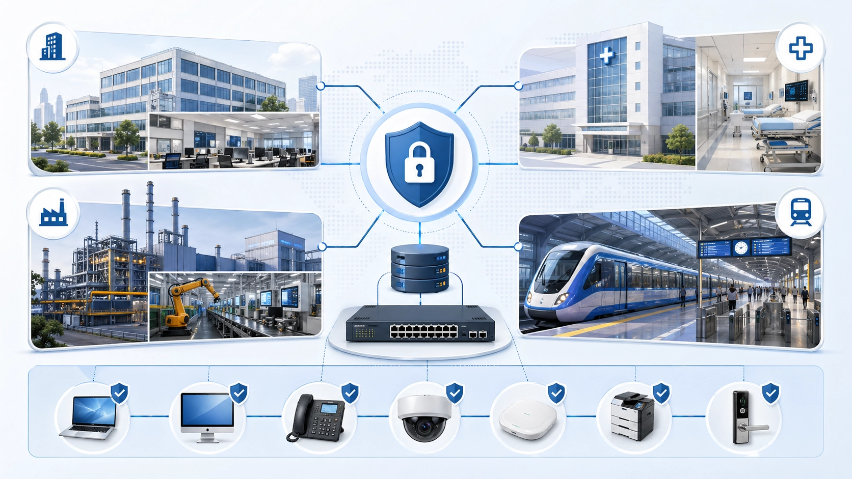 Aplicaciones de 802.1X en oficinas empresariales, redes de campus, hospitales, sitios industriales, transporte, teléfonos IP, cámaras y switches de acceso