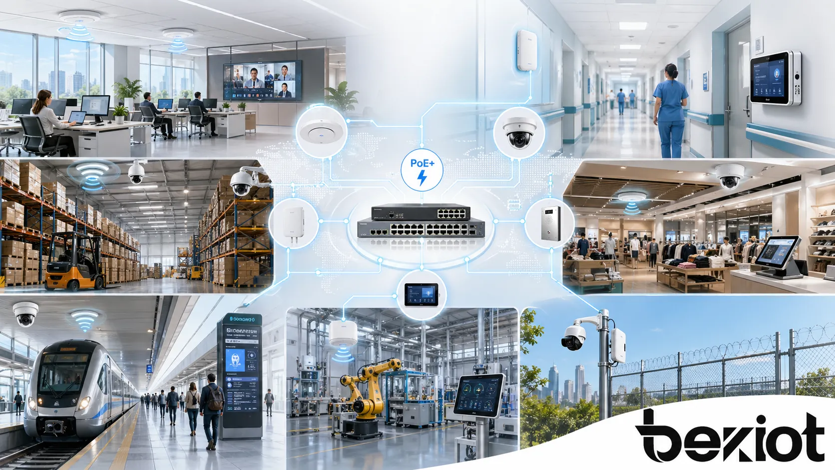 Aplicaciones de PoE+ en oficinas, campus, hospitales, almacenes, tiendas, sitios de transporte, instalaciones industriales y redes exteriores de seguridad