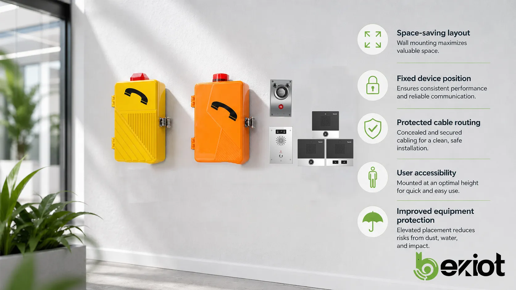 Características del montaje en pared que muestran ahorro de espacio, posición fija, cableado protegido, accesibilidad del usuario y protección del equipo