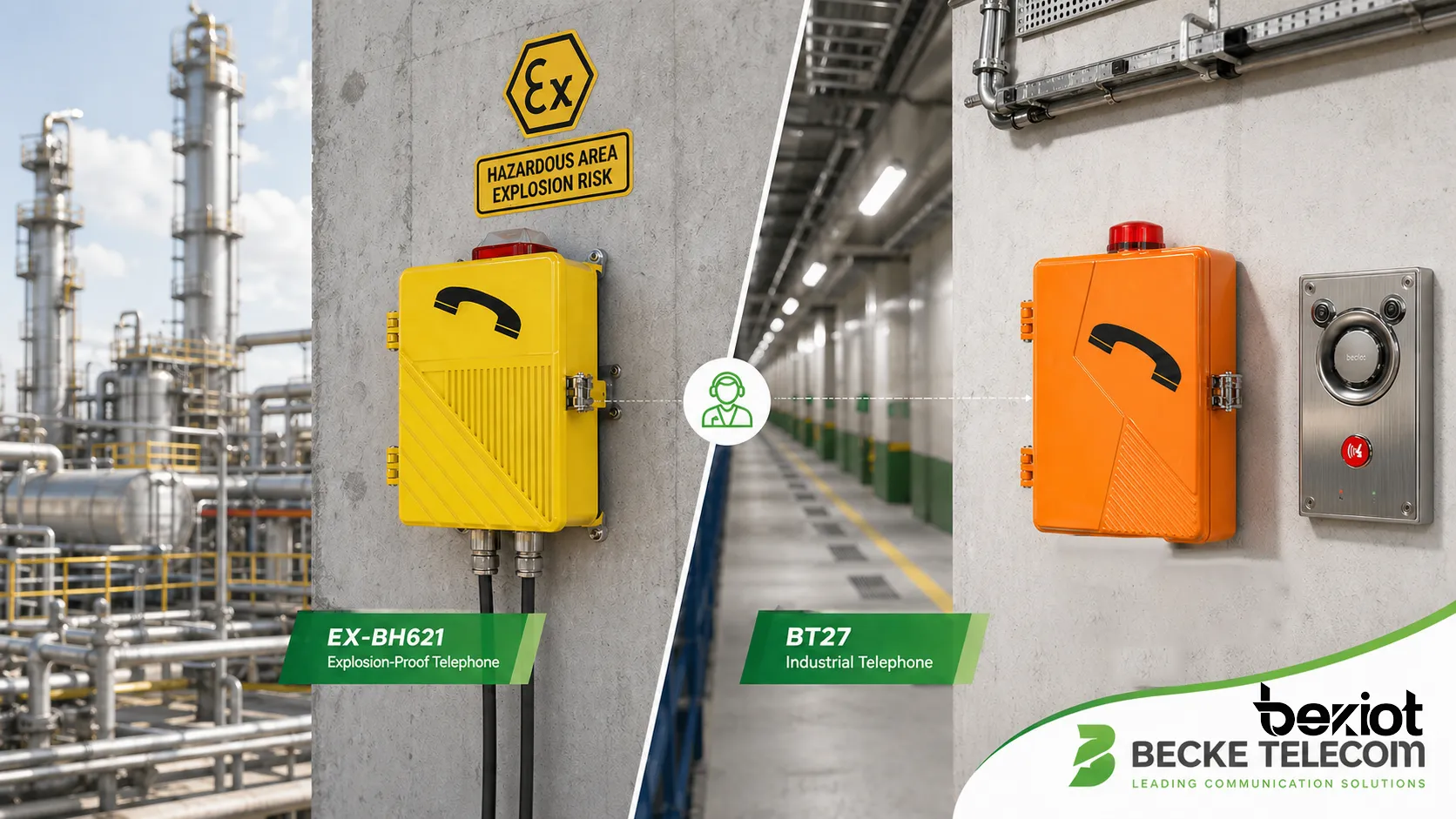 Teléfono antideflagrante mural EX-BH621 de Becke Telcom y teléfono industrial BT27 instalados en escenarios de comunicación de áreas peligrosas e instalaciones industriales