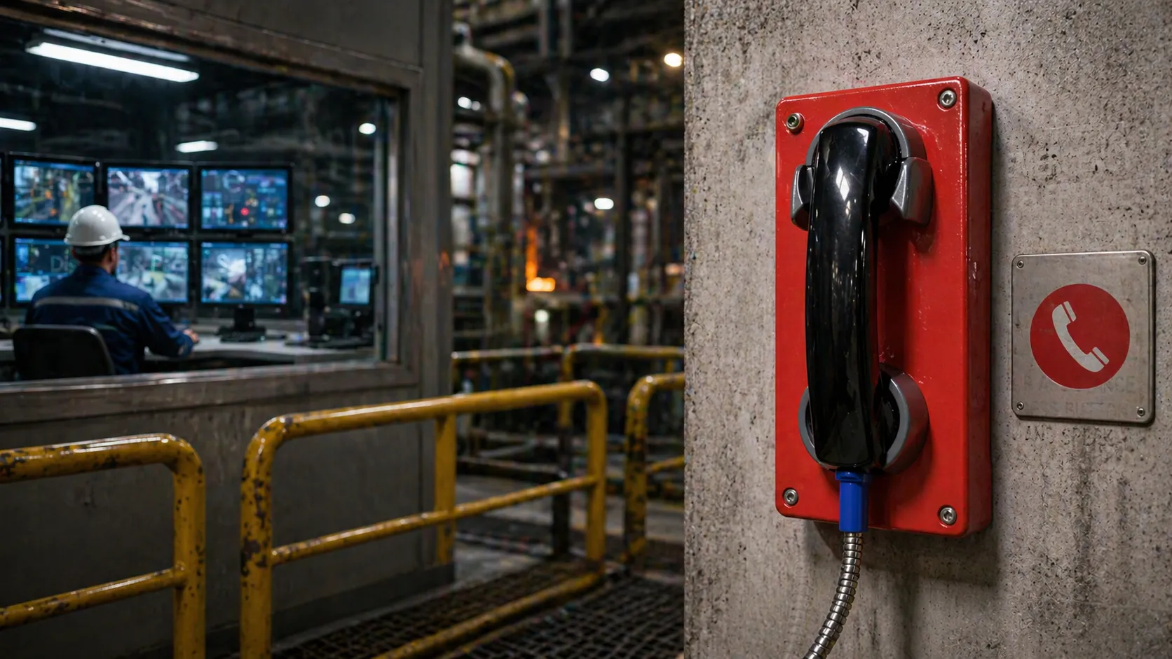 Teléfono antivandálico utilizado en un sitio industrial conectado con despacho de sala de control y sistema de megafonía