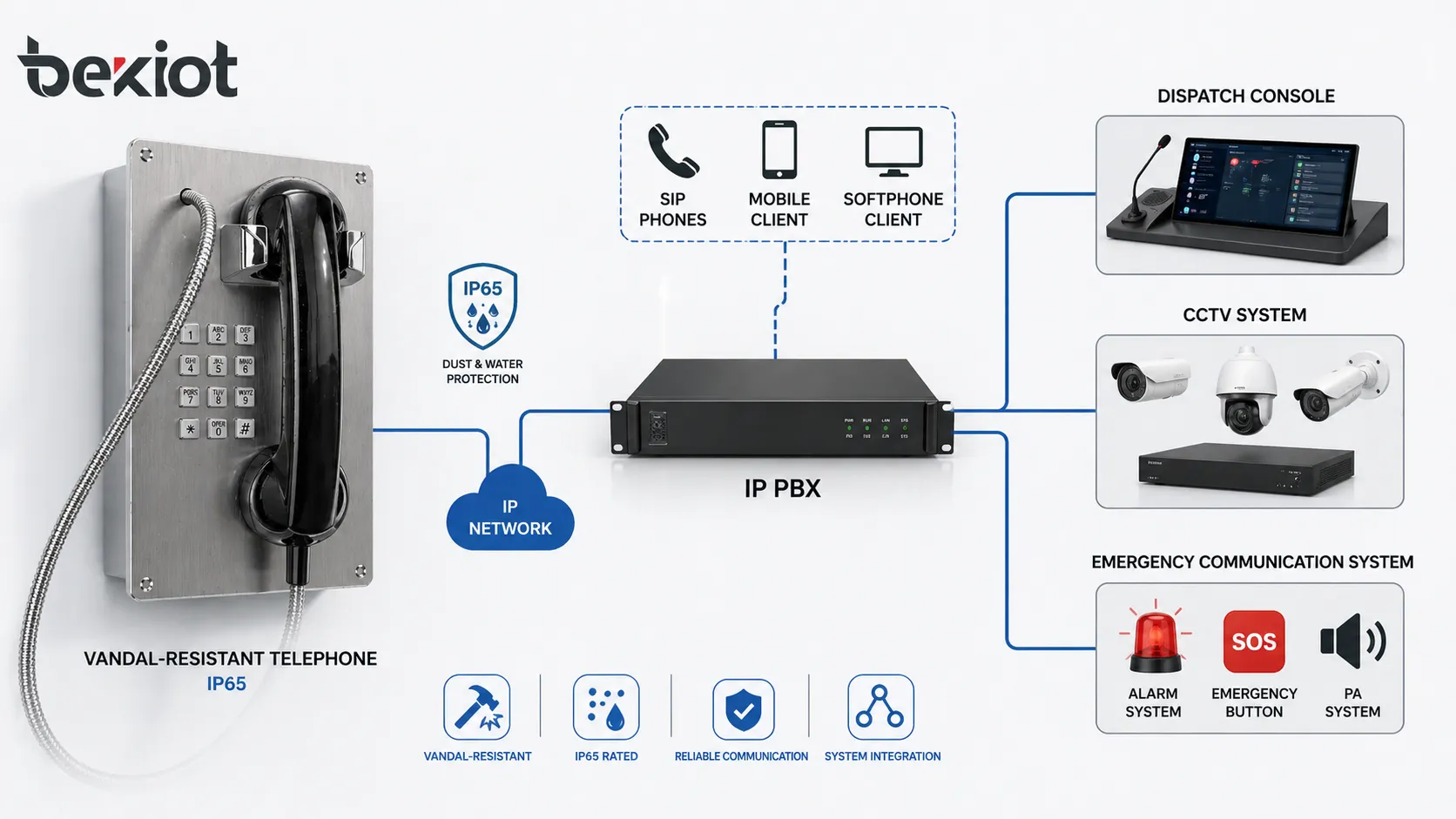 Teléfono antivandálico BT22 conectado con IP PBX consola de despacho CCTV y arquitectura de comunicación de emergencia