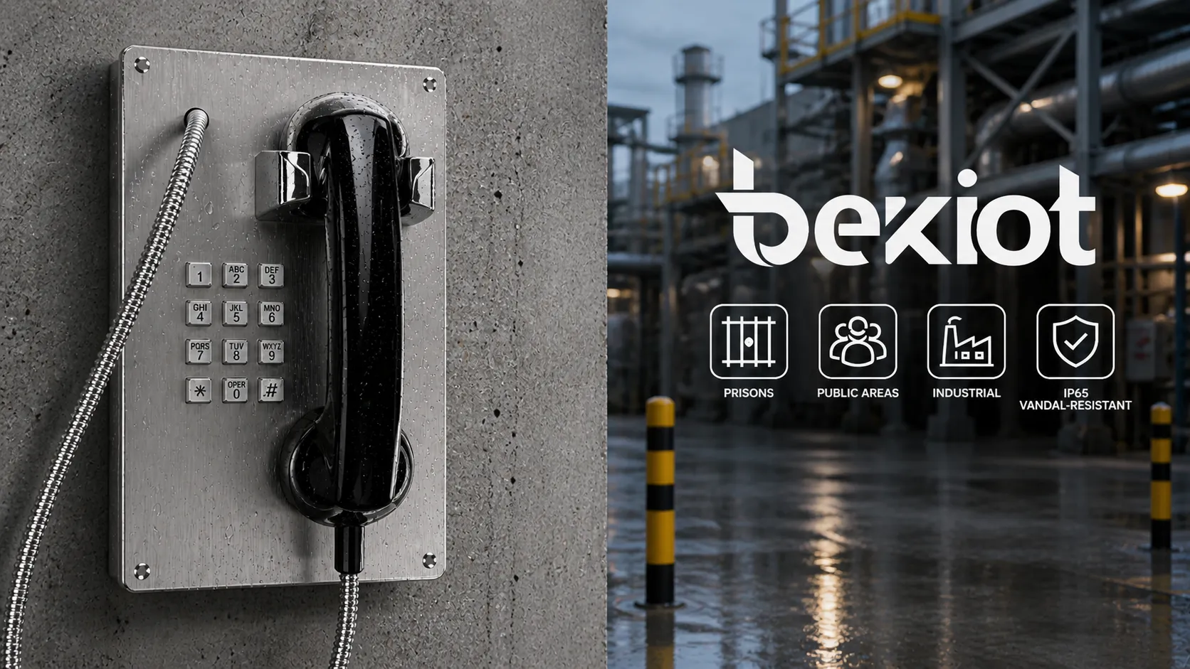 Teléfono antivandálico IP65 BT22 instalado en una instalación pública y entorno industrial con protección contra polvo y agua