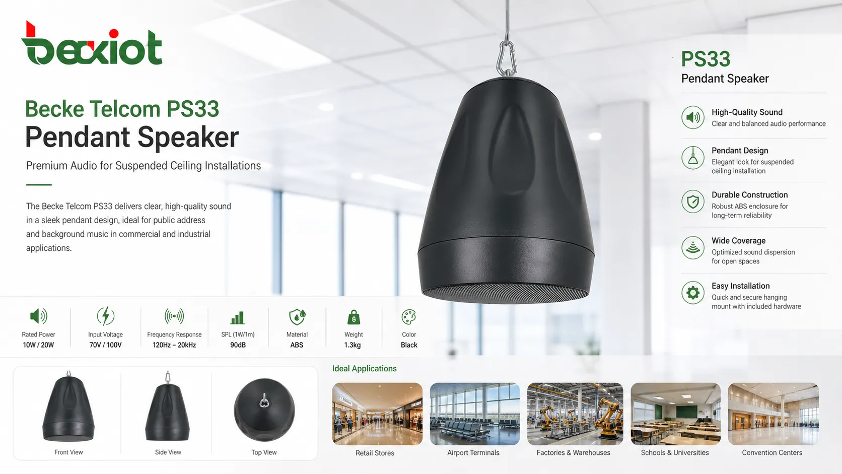 Becke Telcom PS33 Pendant Speaker para instalación de audio suspendida en techo
