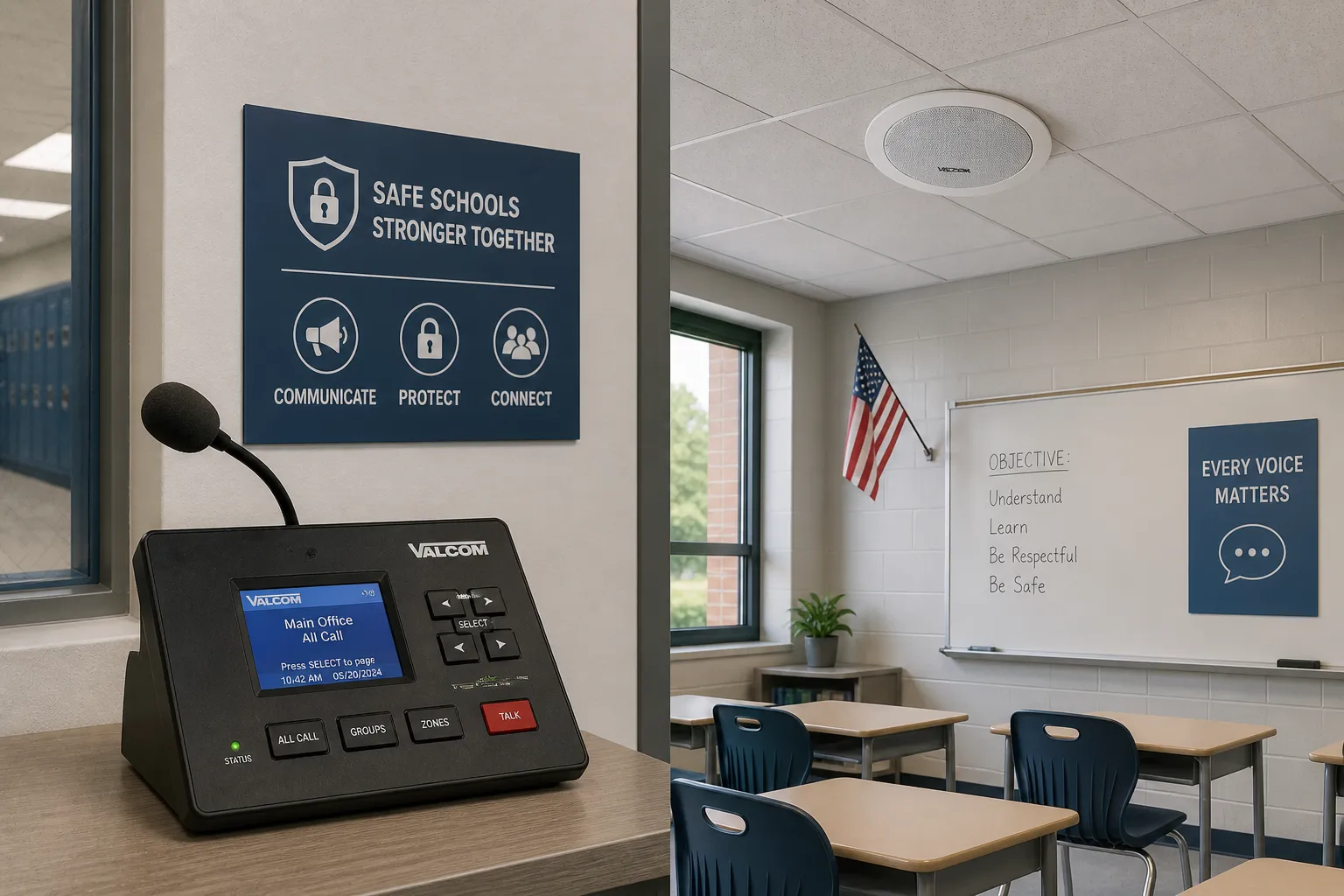 Consola de megafonía Valcom y altavoz de aula utilizados para seguridad escolar y comunicación integrada
