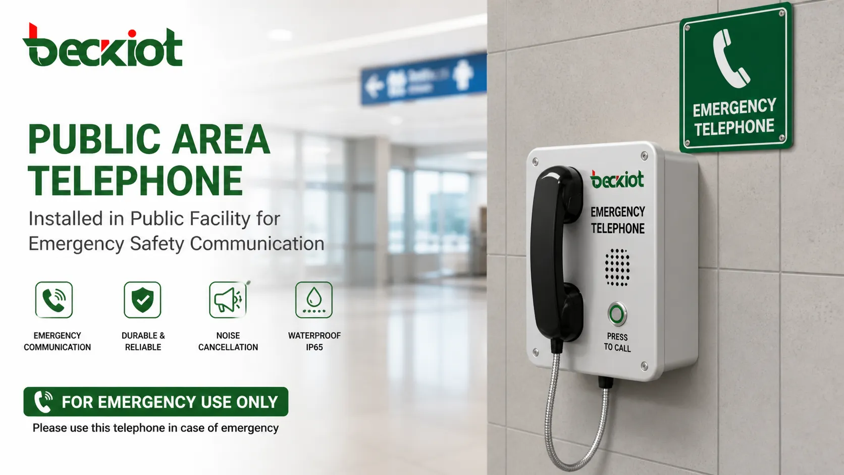 Teléfono para área pública instalado en una instalación pública para comunicación de emergencia y seguridad