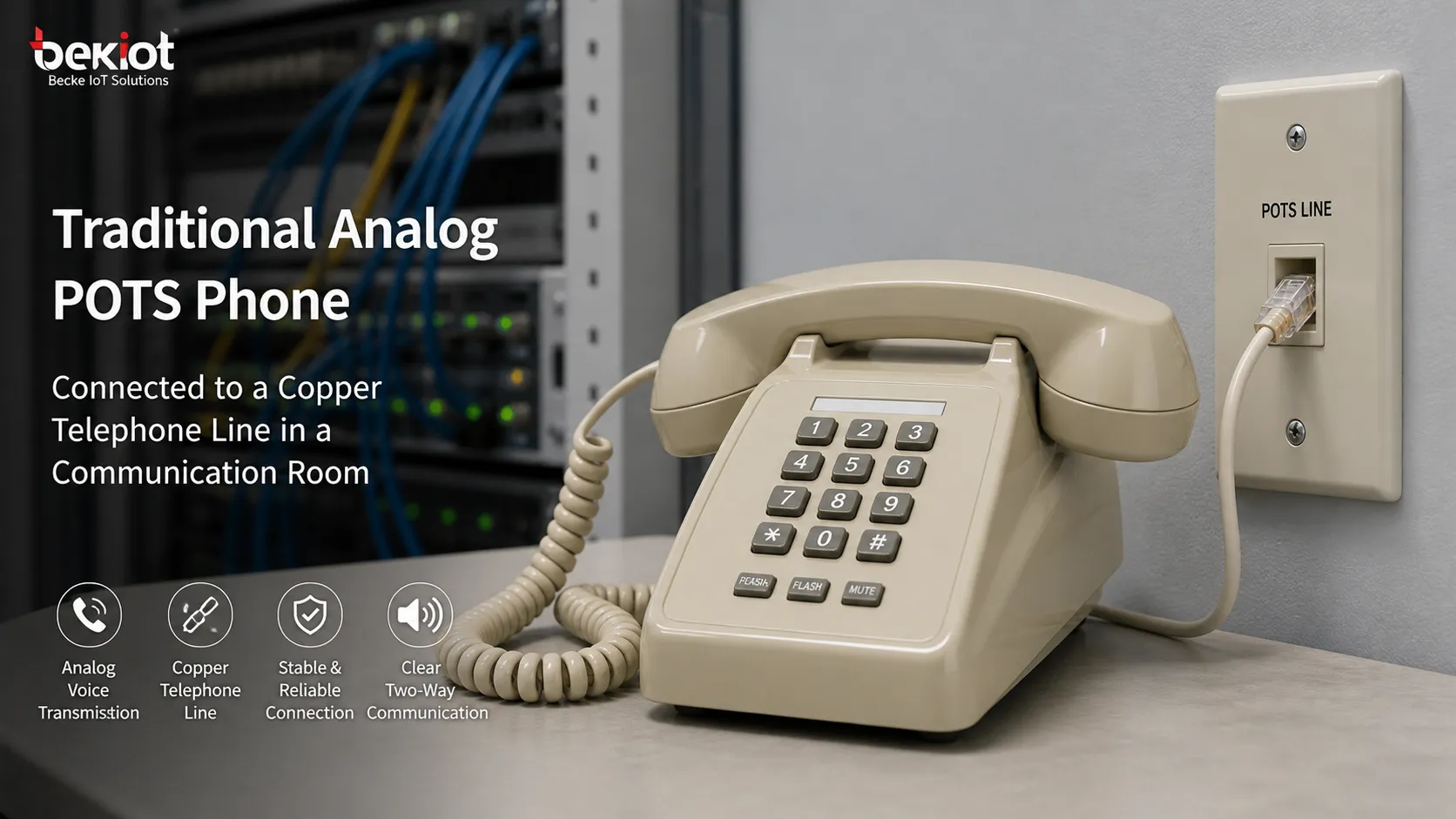 Teléfono POTS analógico tradicional conectado a una línea telefónica de cobre en una sala de comunicaciones