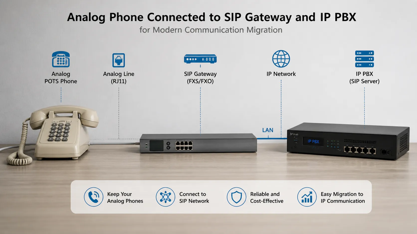 Teléfono POTS analógico conectado a un gateway SIP y una IP PBX para migración moderna de comunicaciones