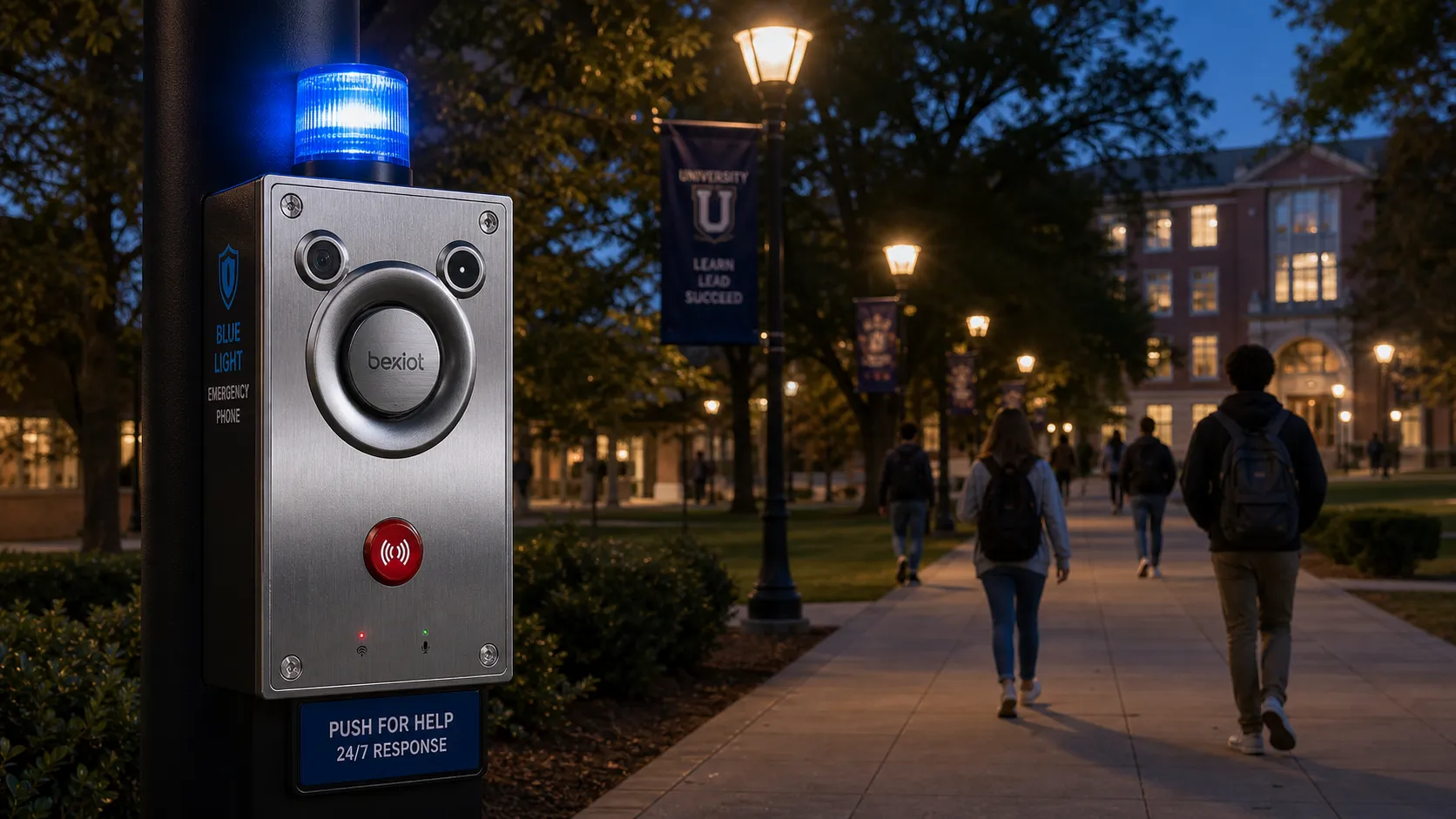 Teléfono de emergencia de luz azul instalado en un sendero universitario para comunicación de seguridad estudiantil