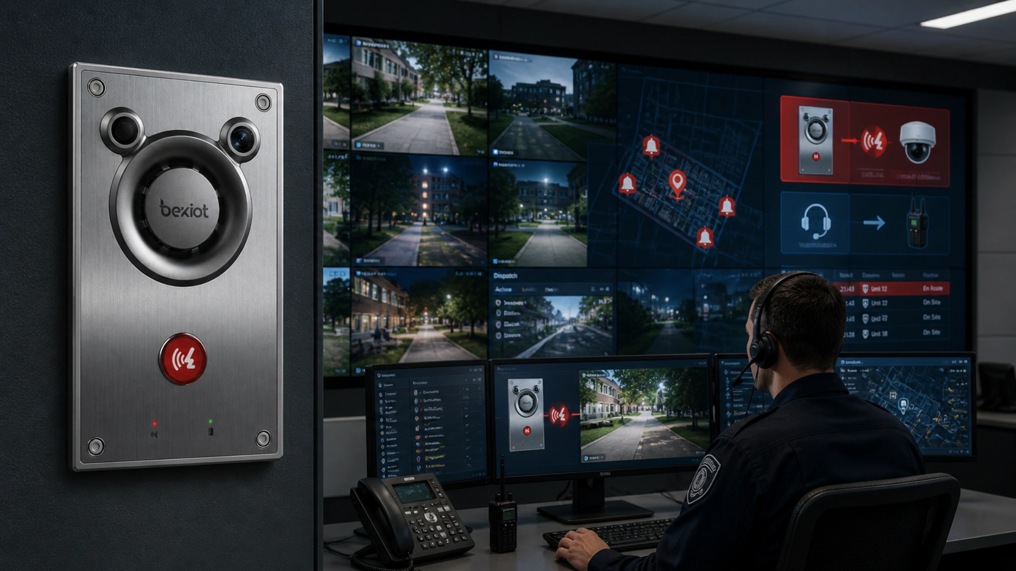 Sala de control de seguridad del campus que integra teléfonos de emergencia, megafonía, videovigilancia, enlace de alarmas y sistemas de despacho